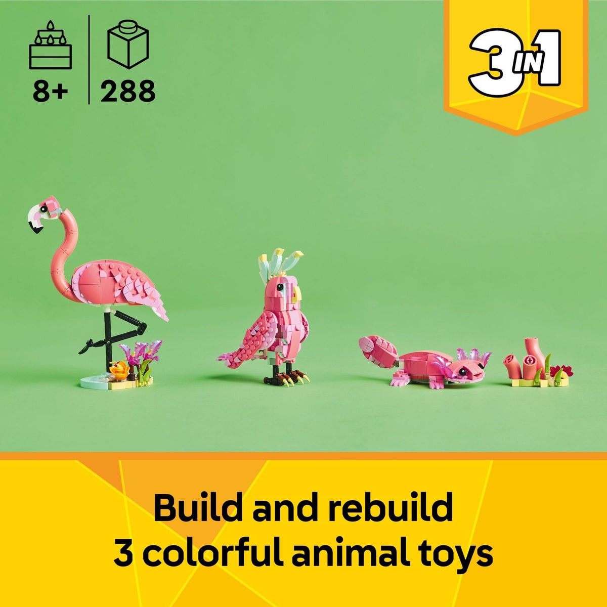 LEGO Creator 3-in-1 pink cockatoo toy with 360-degree head rotation for dynamic stories