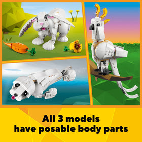 LEGO Creator 3in1 bunny with carrot accessory for pretend garden snacks.