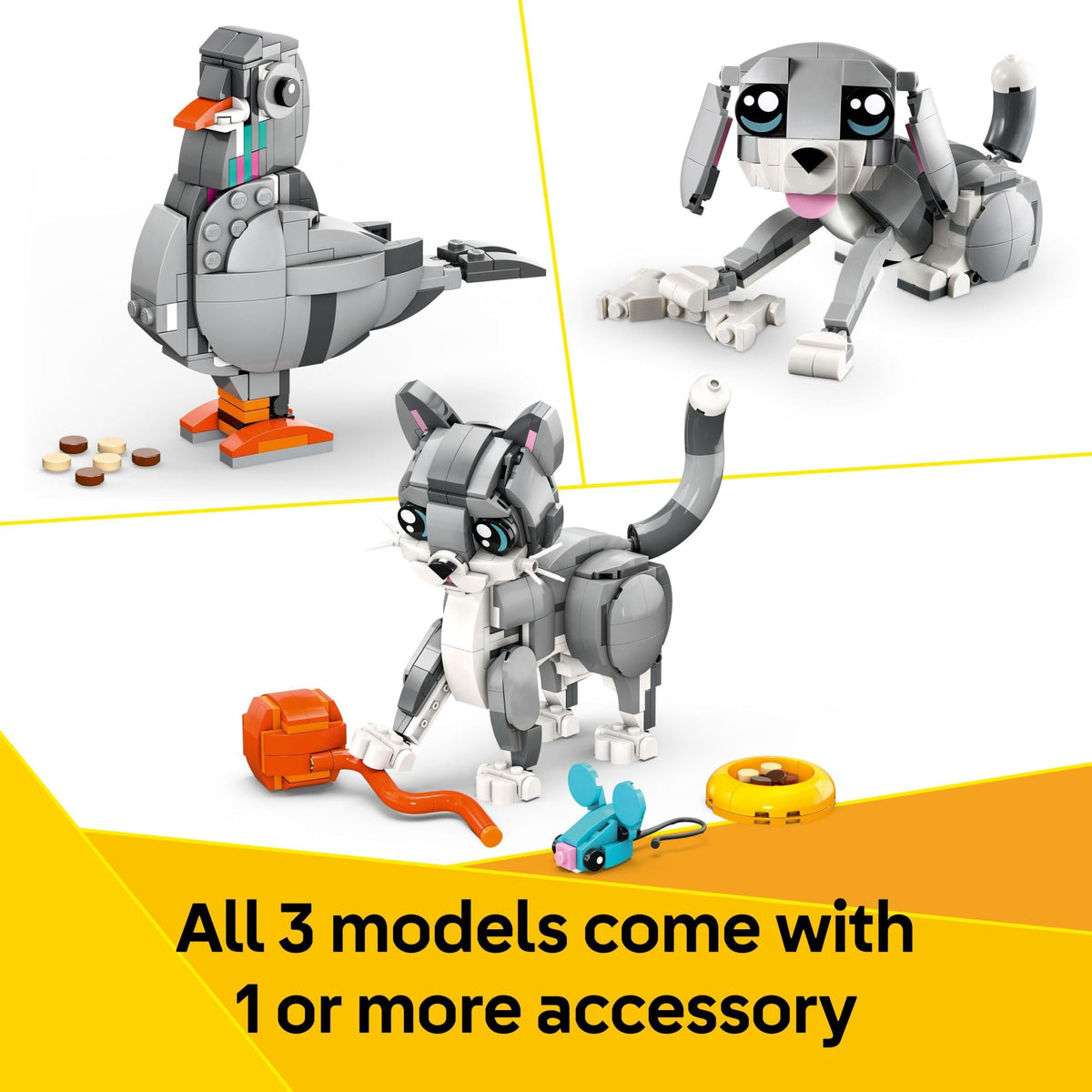 LEGO Creator 3-in-1 Playful Cat accessories show a food bowl and yarn for scene building