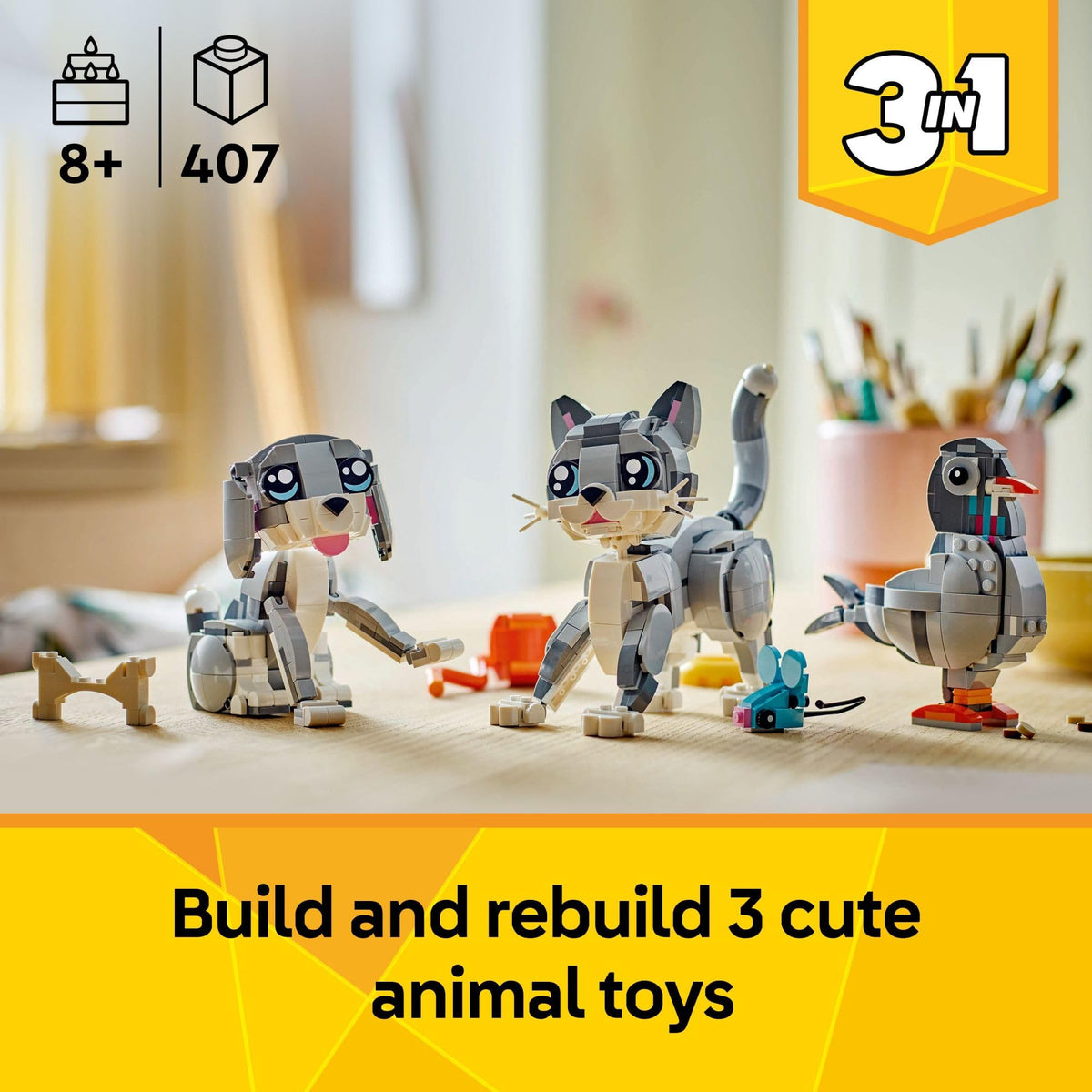 LEGO Creator 3-in-1 Playful Cat dog figurine with moving head and tail for adventures