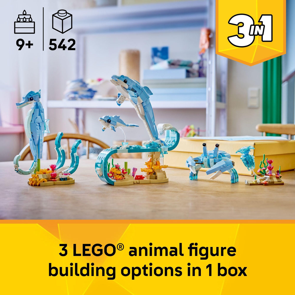 LEGO Creator 3 in 1 Sea Animals seahorse model, great for storytelling and display on a shelf.
