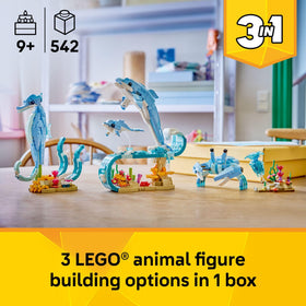 LEGO Creator 3 in 1 Sea Animals seahorse model, great for storytelling and display on a shelf.