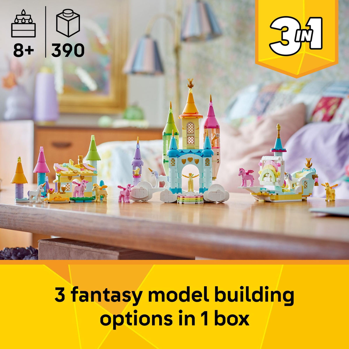 LEGO Creator 3-in-1 Unicorn Castle towers showcase fantasy architecture for pretend adventures.