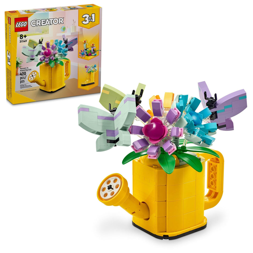 LEGO Creator Flowers in Watering Can shows a yellow watering can with movable petals for creative play.