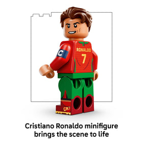 LEGO Cristiano Ronaldo collectible plaque shows stats and signature for display.