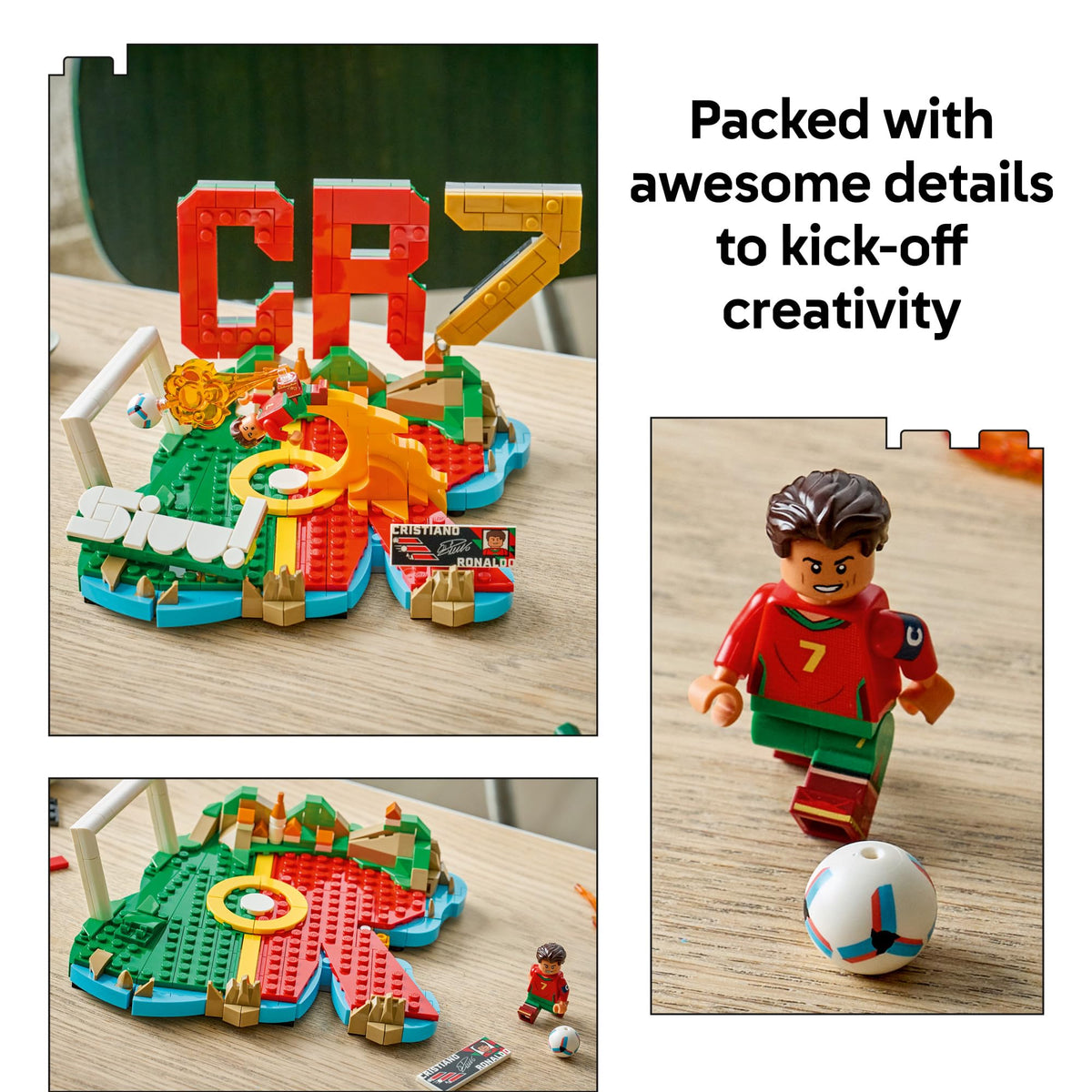 LEGO Cristiano Ronaldo Portugal colors accent authentic shelf decor for fans.