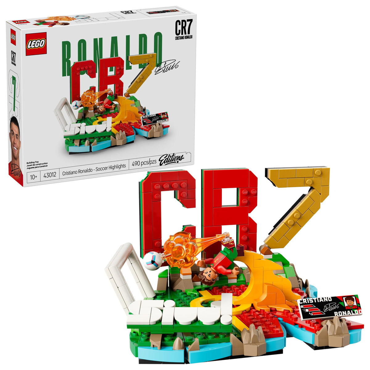 LEGO Cristiano Ronaldo Soccer Highlights base displaying initials and national colors for display.