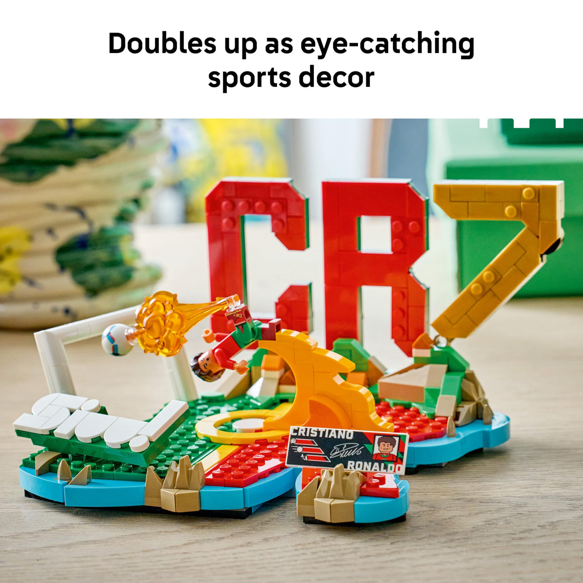 LEGO Cristiano Ronaldo soccer net build creates a dynamic scene for shelf or desk.