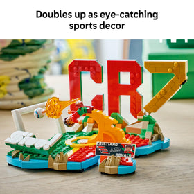 LEGO Cristiano Ronaldo soccer net build creates a dynamic scene for shelf or desk.