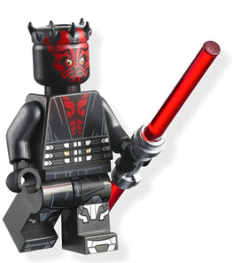 LEGO Darth Maul minifigure front view with dual red lightsabers, ideal for display.