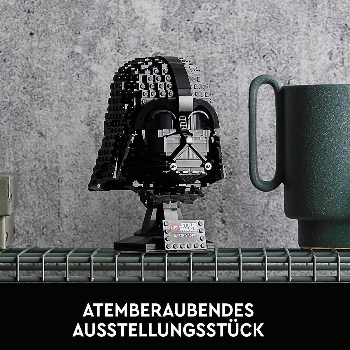 LEGO Darth Vader Helmet being built with display elements for a tabletop showcase