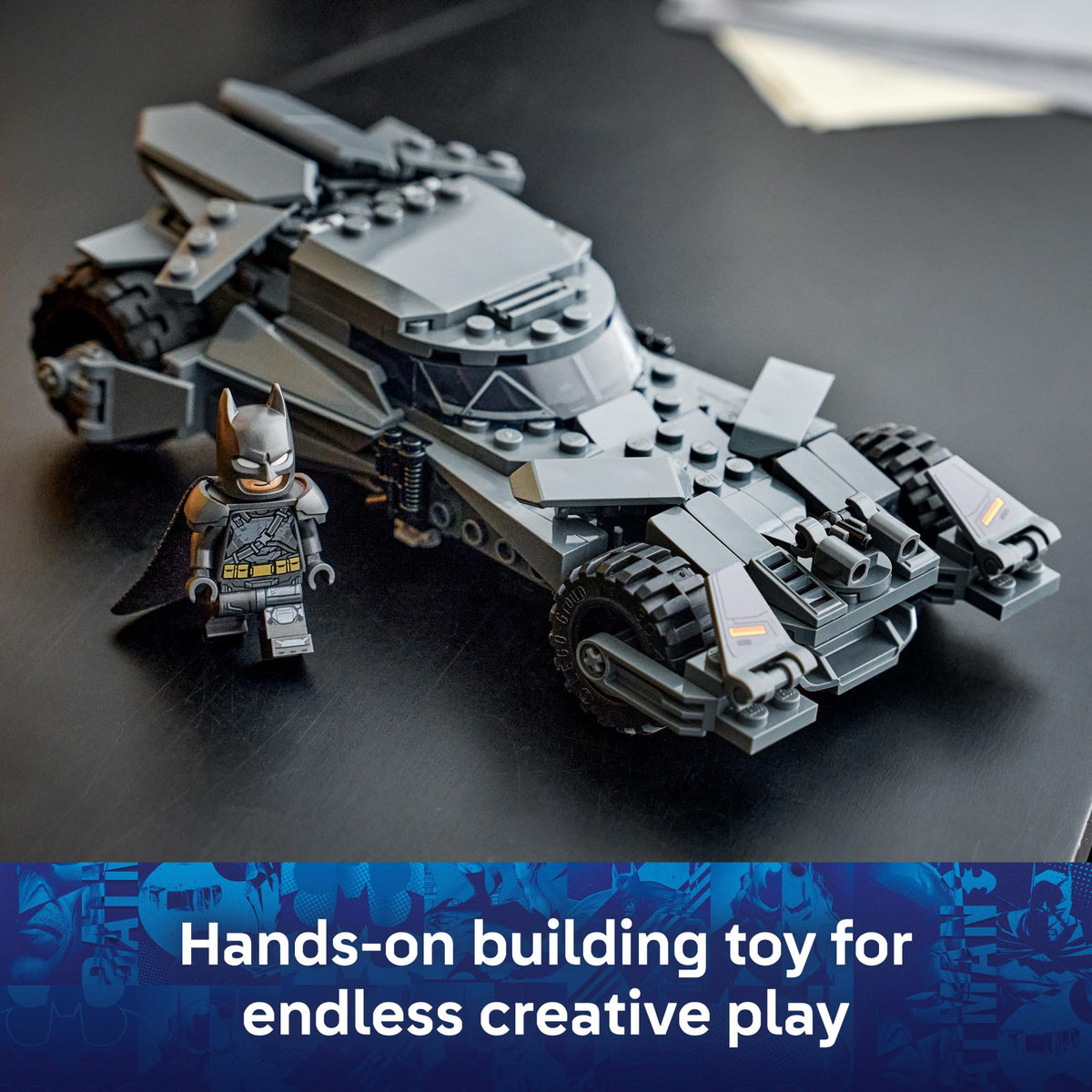 Armored Batman minifigure with fabric cape enhances realism in LEGO DC Batman Batmobile