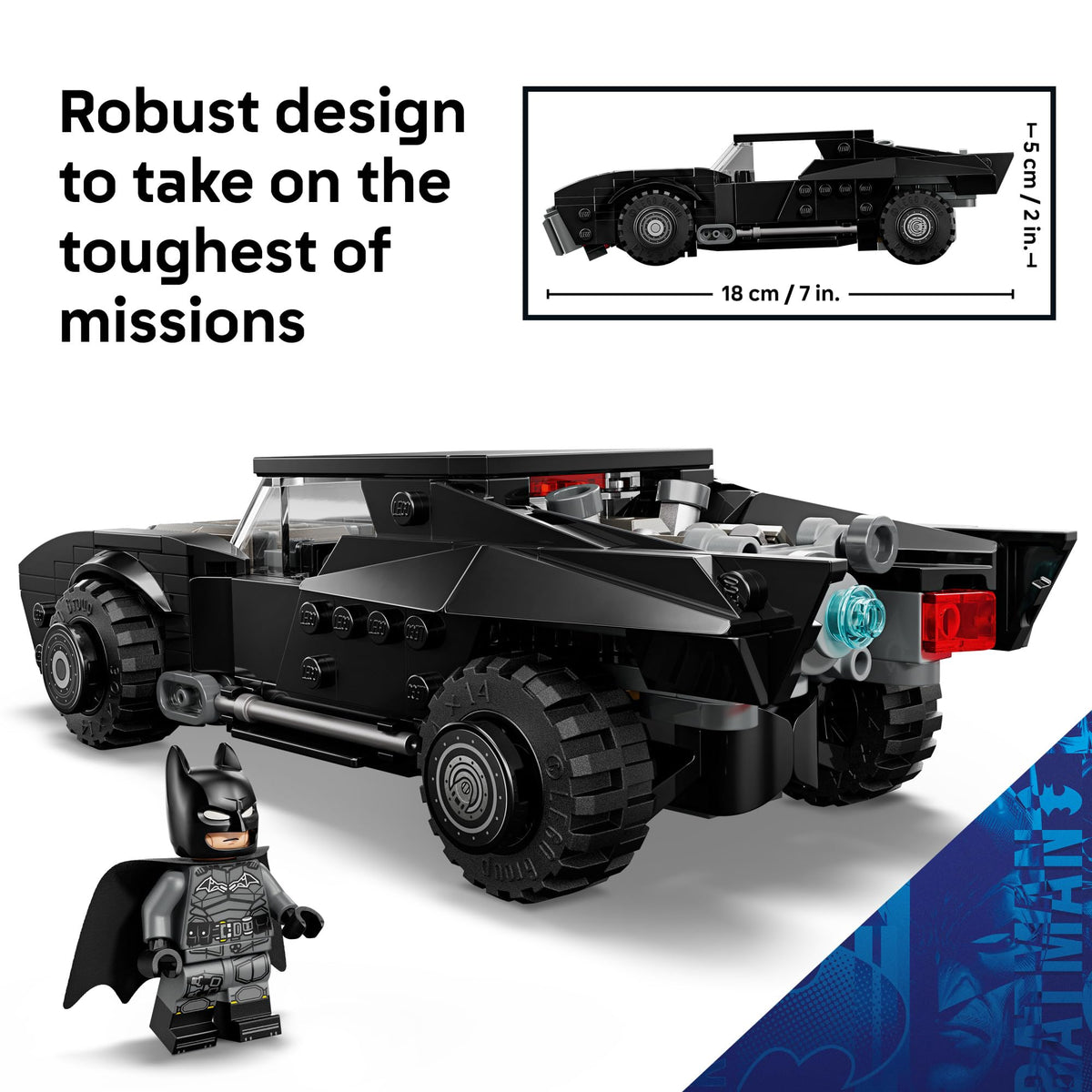 LEGO Batmobile removable roof and hood feature, authentic design.