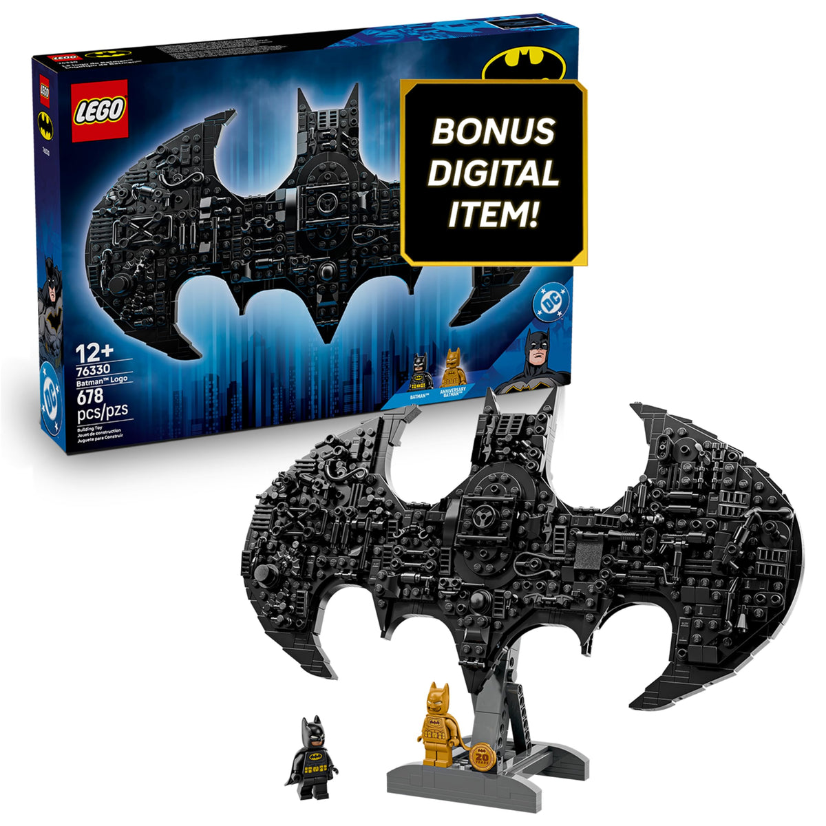 LEGO DC Batman logo building toy showcases the iconic emblem for display and imaginative play.