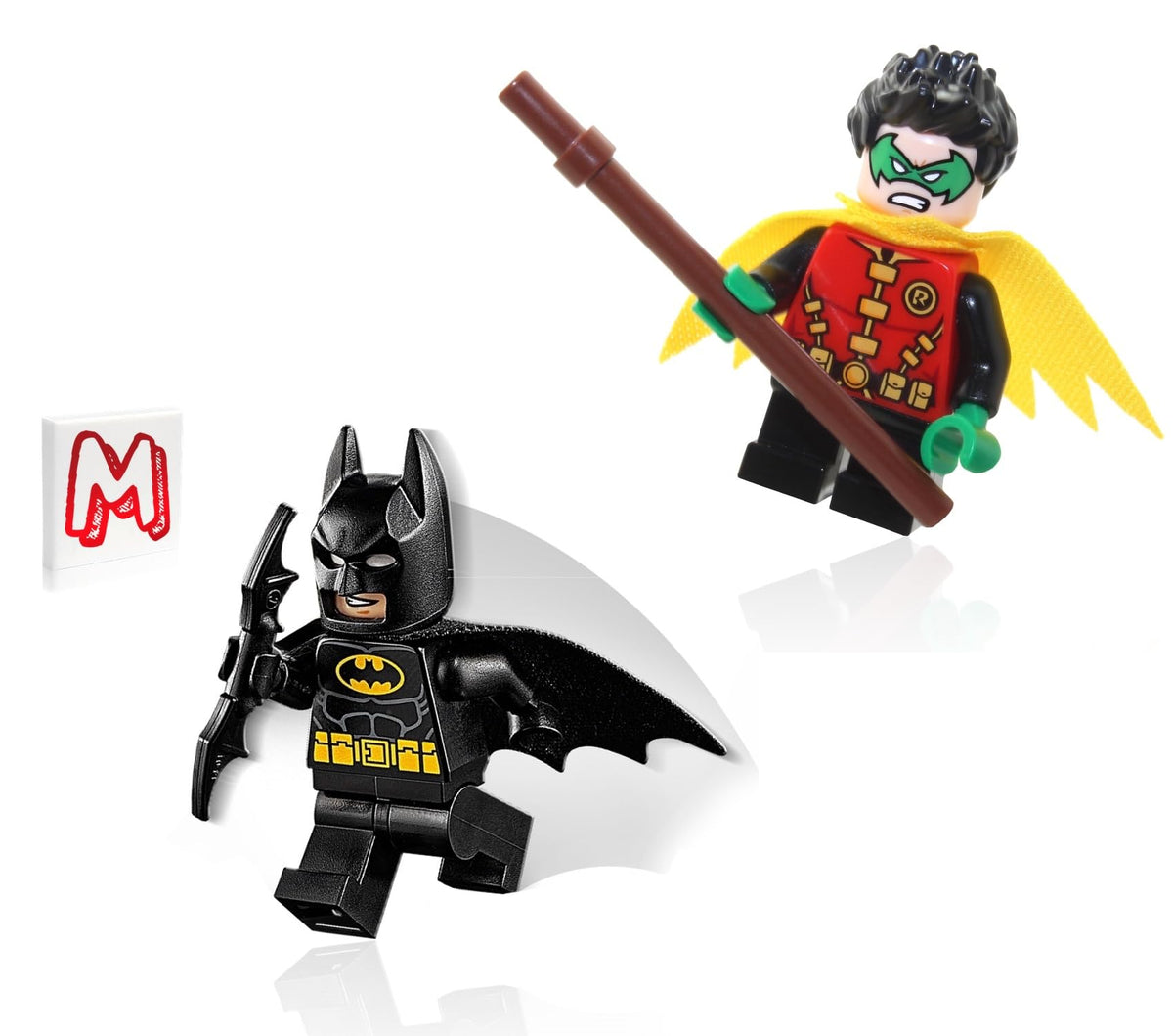LEGO Batman minifigure in black suit with Batcape and Bat-a-Rang for action.