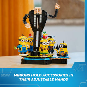 LEGO Minions with movable eyes and hands for varied expressions around Gru.