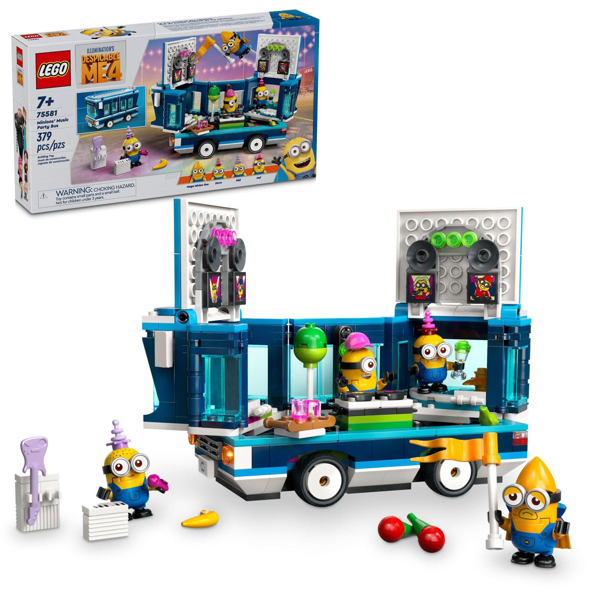 LEGO Despicable Me 4 Minions’ Music Party Bus front view for imaginative play