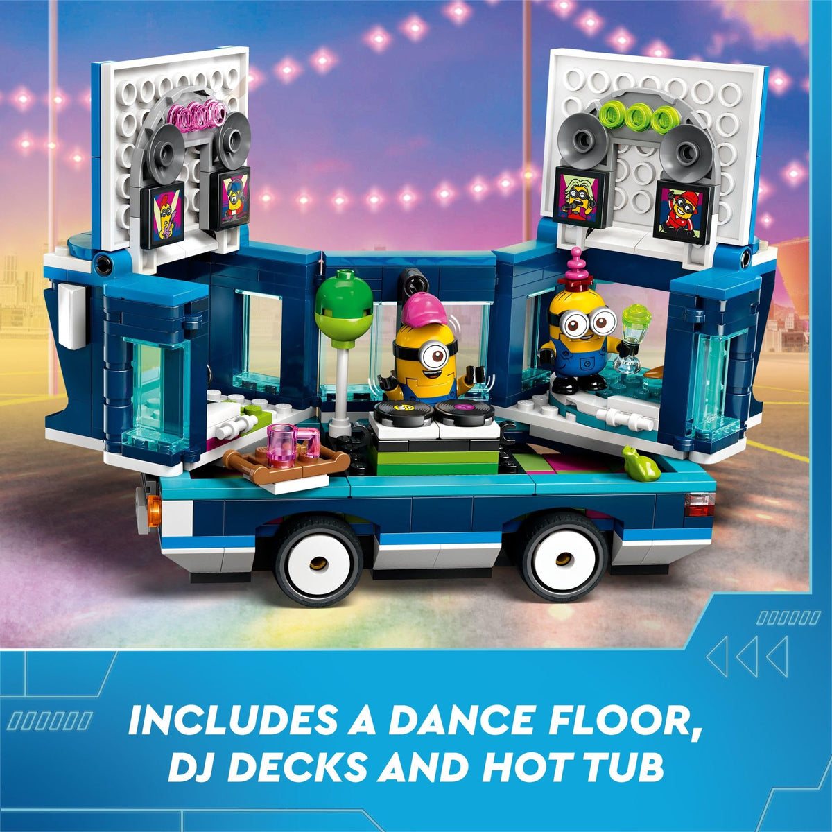 LEGO Despicable Me 4 Minions’ Music Party Bus minion figures setup for storytelling