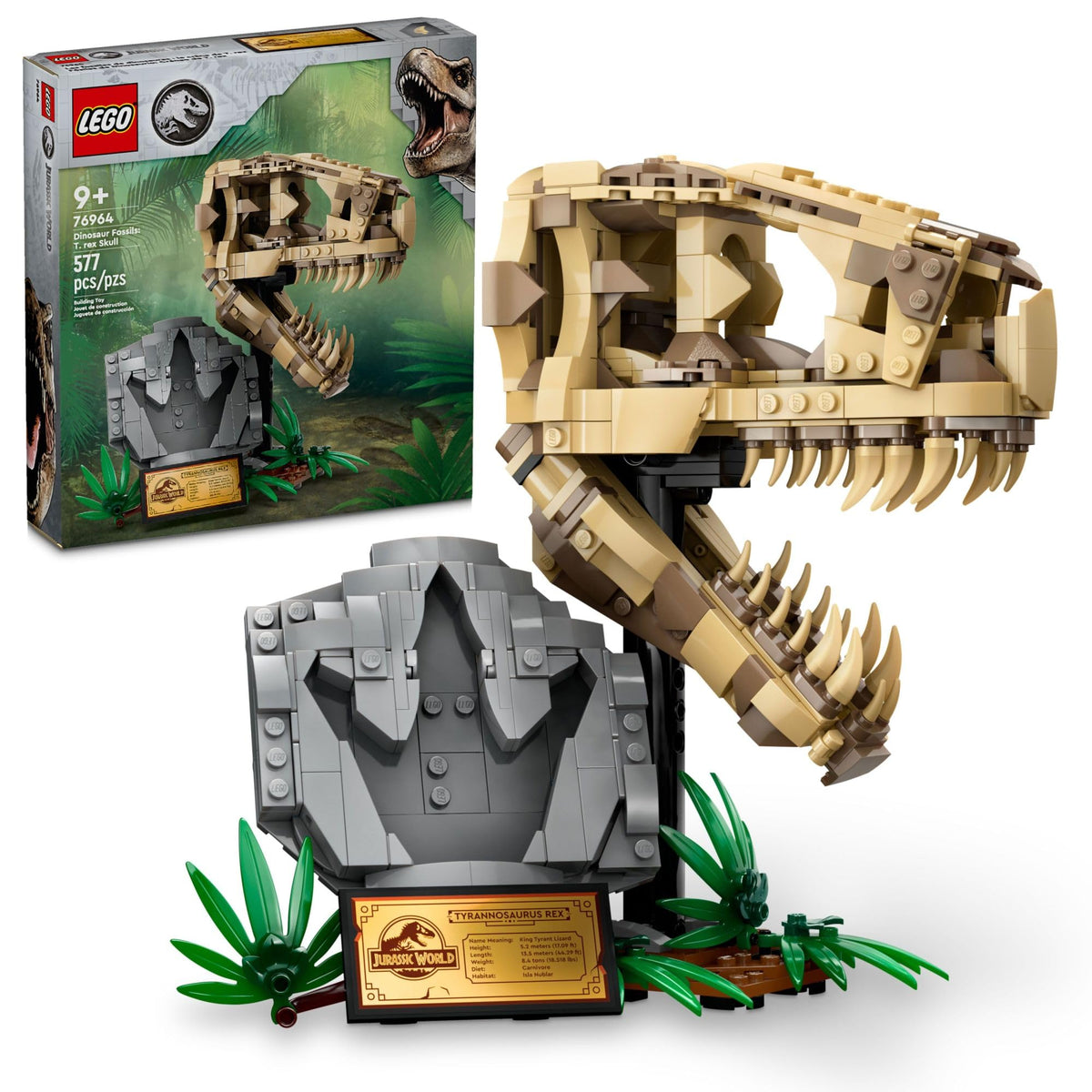 LEGO Jurassic World T. rex skull front view for display and imaginative play.