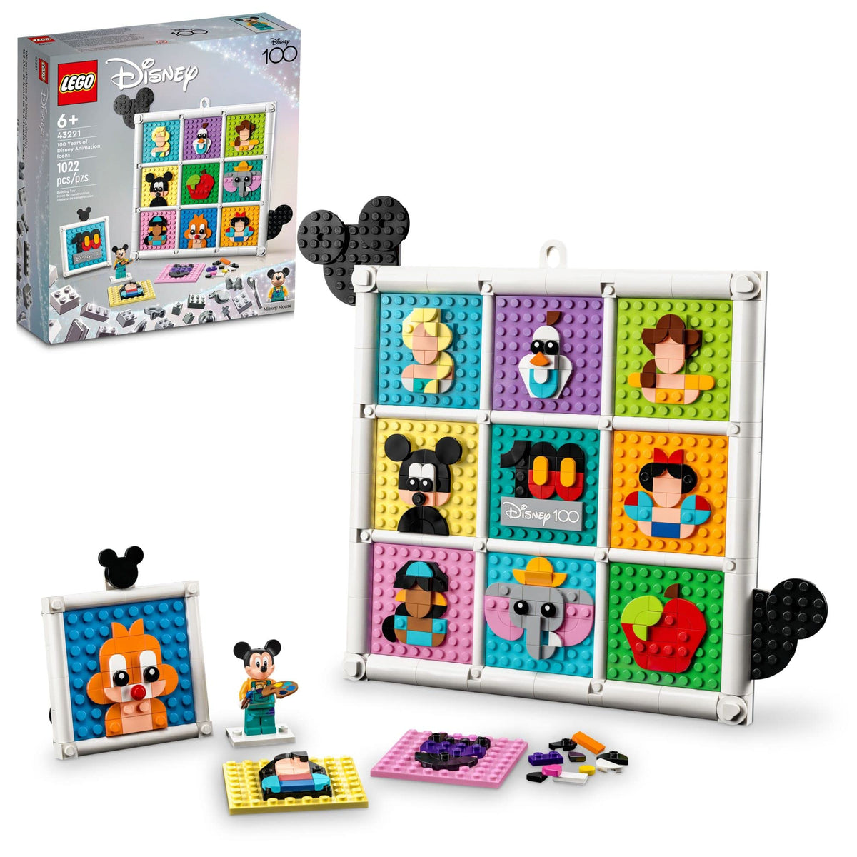 LEGO Disney 100 Years Icons frame artwork displays collectible wall decor for Disney fans.