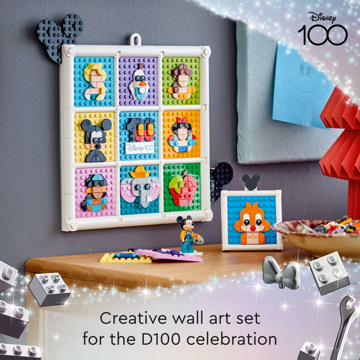 LEGO Disney icons tiles assembly highlights endless display options for a playful art wall.