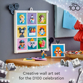 LEGO Disney icons tiles assembly highlights endless display options for a playful art wall.