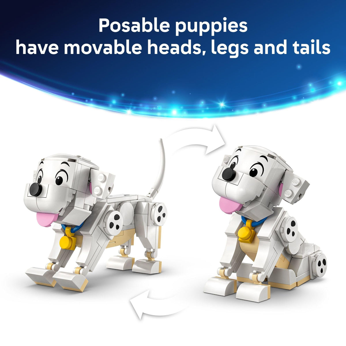 LEGO Disney Lucky & Penny display-ready puppies for room decor and play.