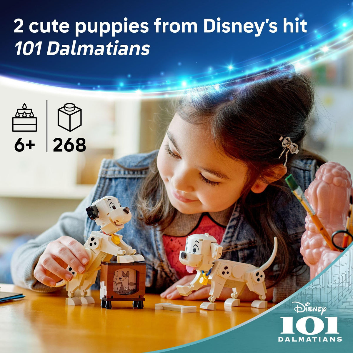 LEGO Disney Lucky & Penny puppies with movable heads for versatile poses.