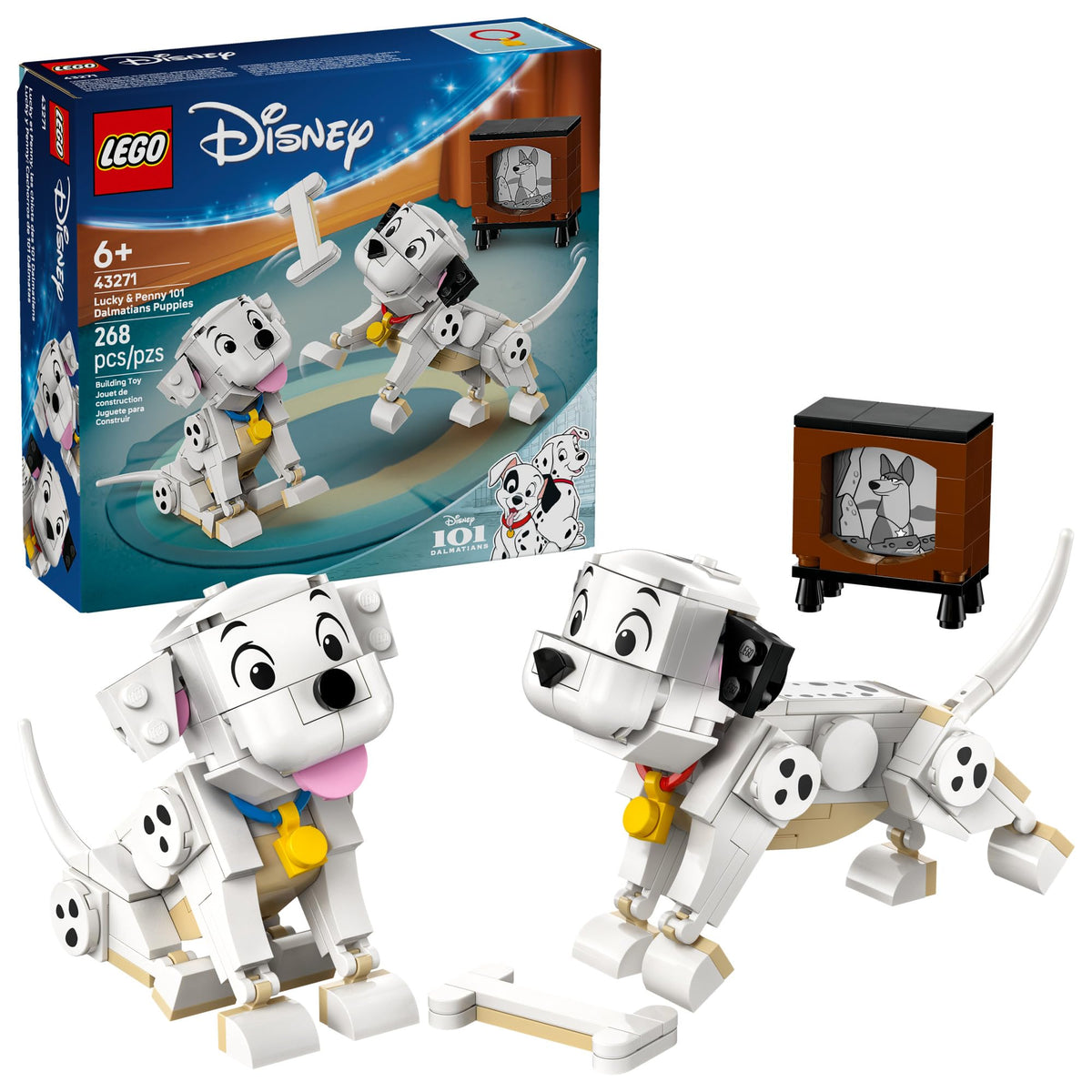 LEGO Disney Lucky & Penny puppies posed figures for dynamic pretend play.
