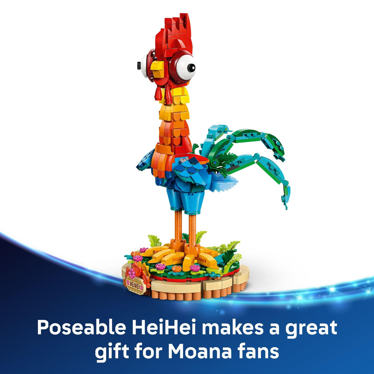 LEGO Disney Moana Heihei display stand with flowers and nameplate for stylish shelves.