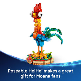 LEGO Disney Moana Heihei display stand with flowers and nameplate for stylish shelves.