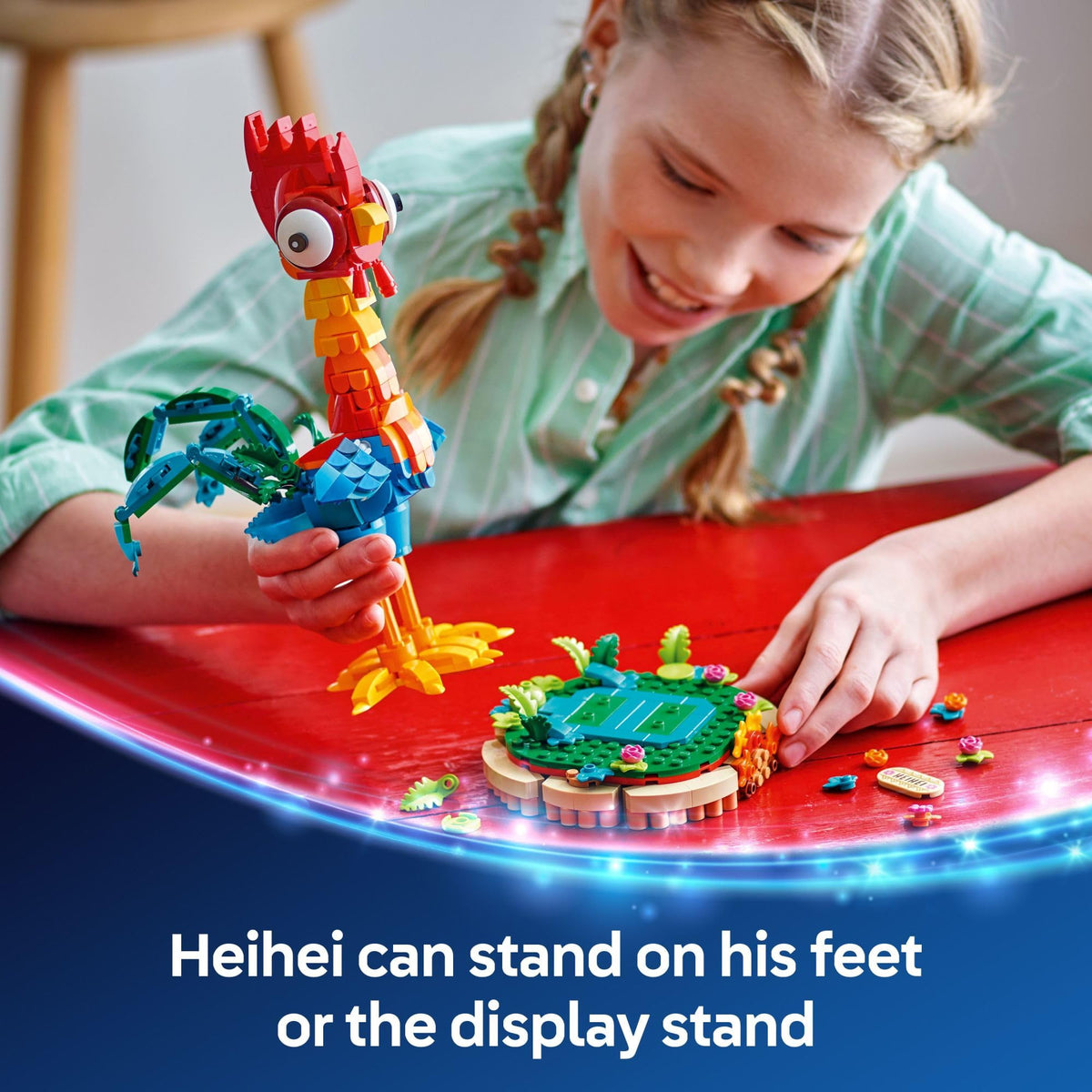 LEGO Disney Moana Heihei on display stand enhances fan collections.