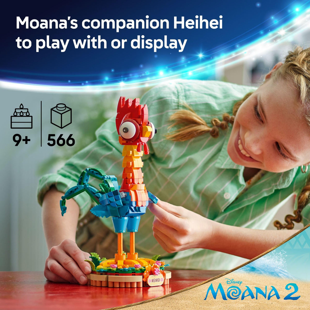 LEGO Disney Moana Heihei with poseable head and wings for dynamic posing.