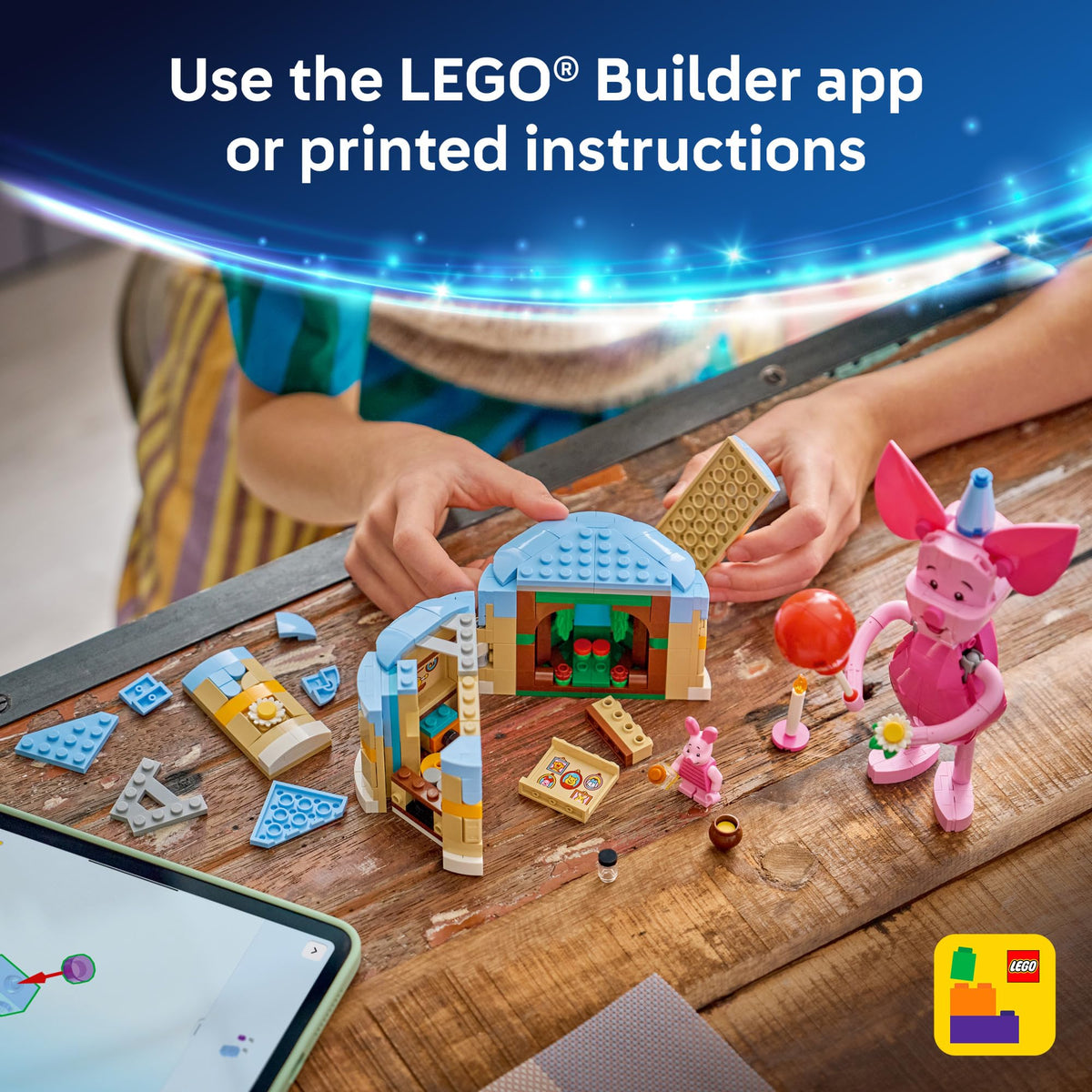 LEGO Disney Piglet's Birthday Fun digital instructions available via the LEGO Builder app.