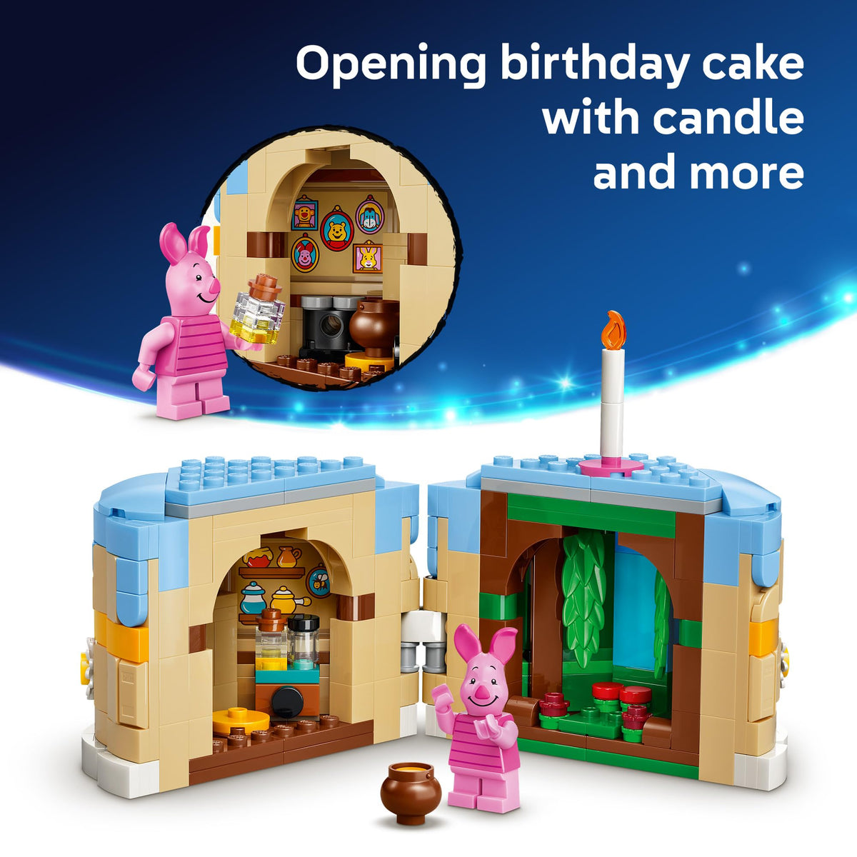 LEGO Disney Piglet's Birthday Fun Pooh's house reveal adds imaginative backdrops to the scene.