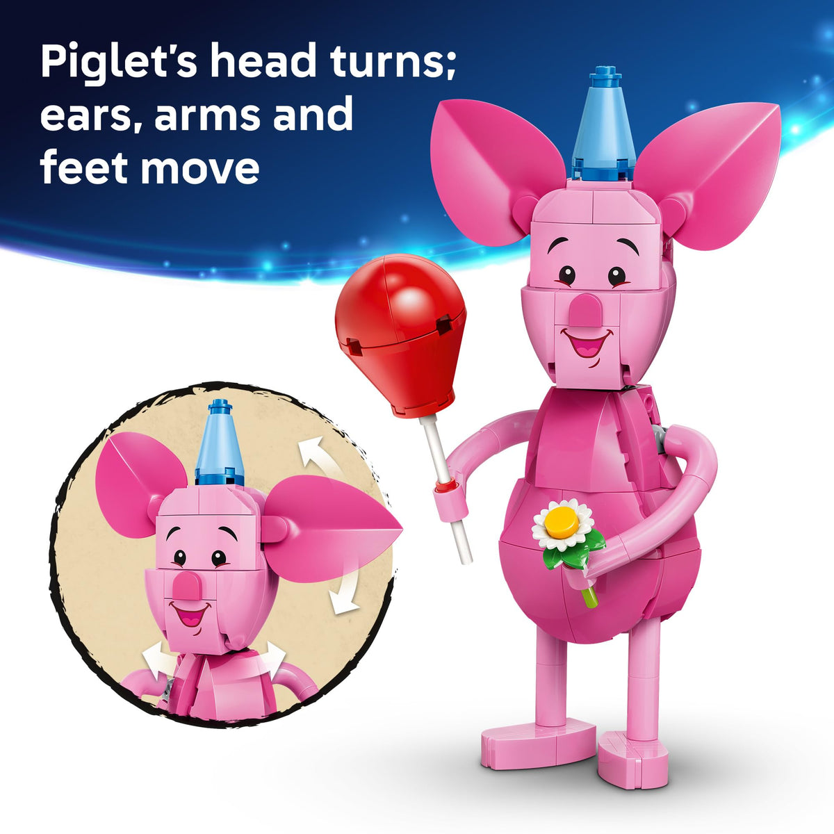 LEGO Disney Piglet's Birthday Fun poseable piglet figure enables dynamic storytelling during playtime.