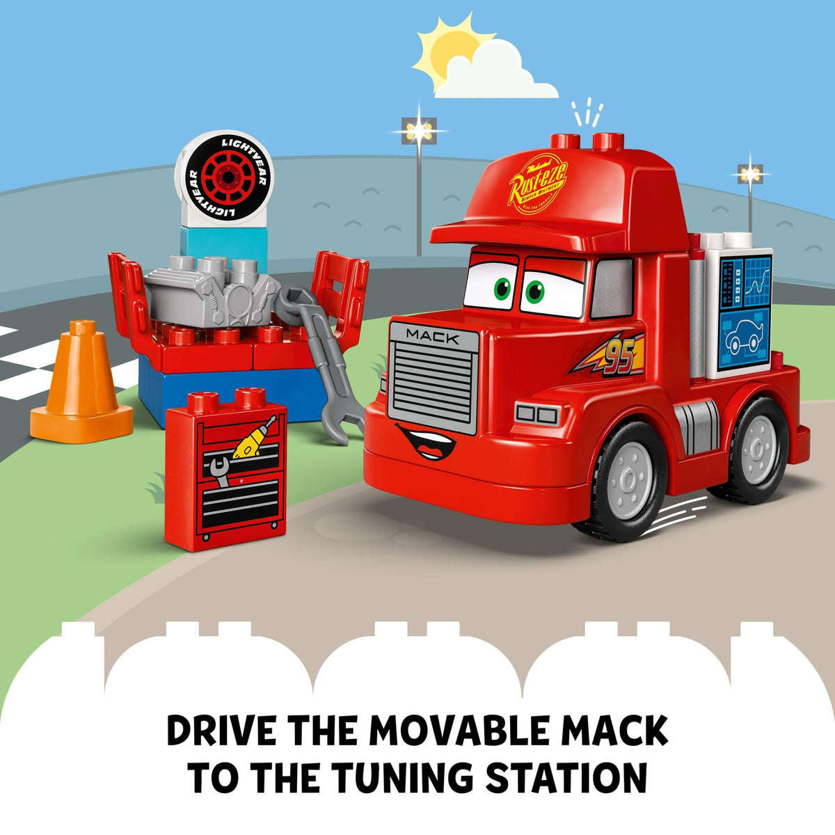 Lightning McQueen model complements Mack for race-day storytelling in LEGO Disney Pixar set.