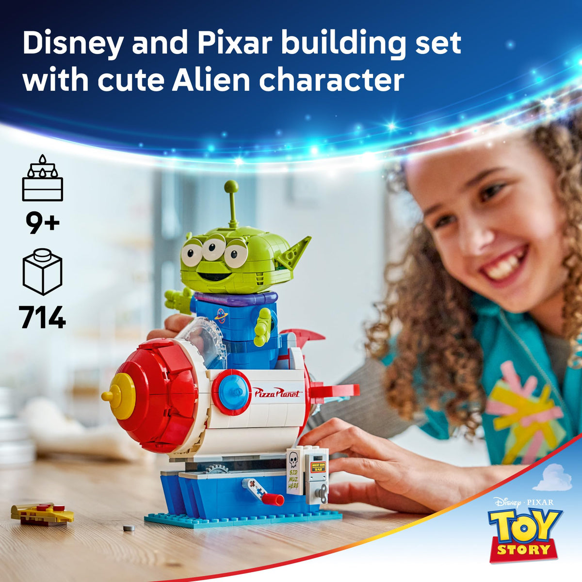 Close-up of the LEGO Toy Story Alien figure with movable head and limbs for dynamic posing.