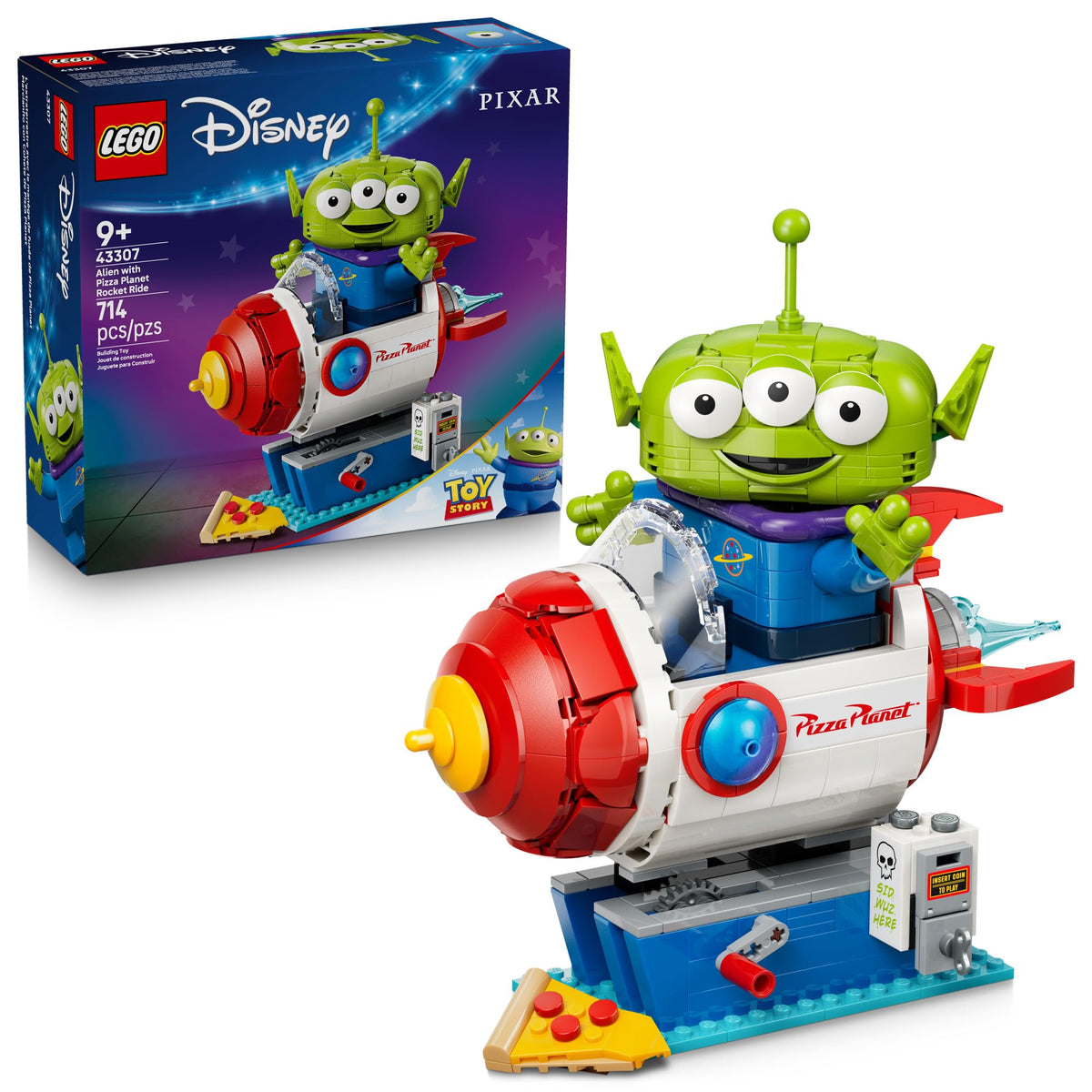 LEGO Disney Toy Story Alien with Pizza Planet Rocket Ride reveals a colorful rocket ride for display and play.