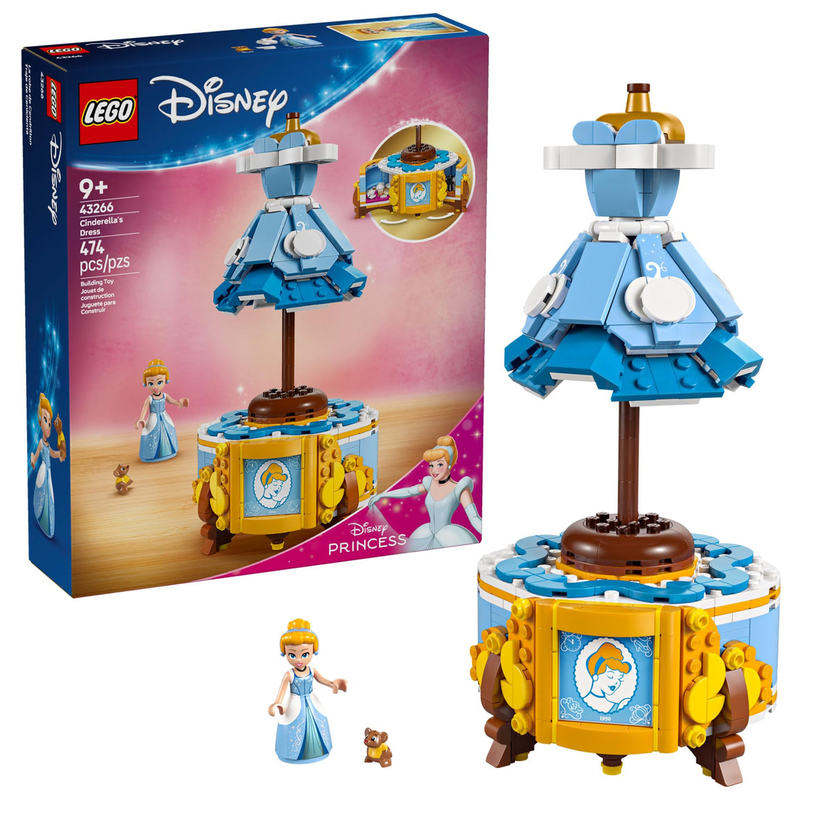LEGO Disney Cinderella's Dress build on display stand showing detailed fashion