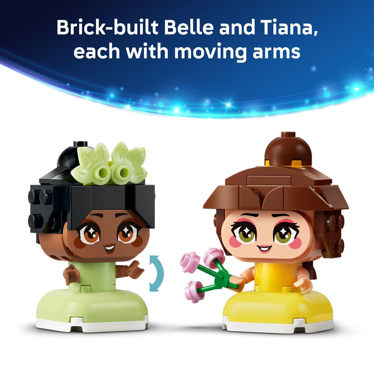 LEGO Disney Princess Mini Belle and Tiana accessories include Belle's book and Tiana's spoon for story moments.