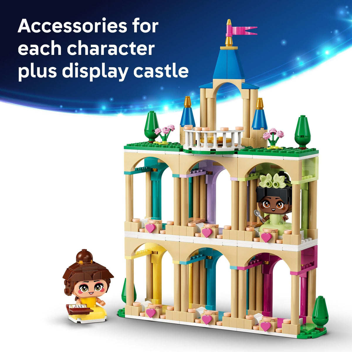 LEGO Disney Princess Mini Belle and Tiana figures detail Belle and Tiana accessories.