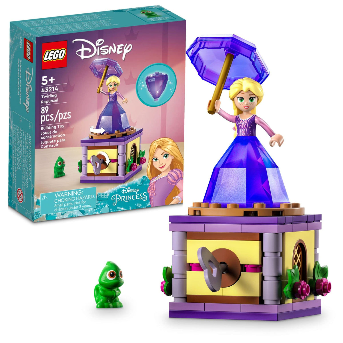 LEGO Disney Princess Rapunzel twirling in a diamond dress for imaginative dance play.