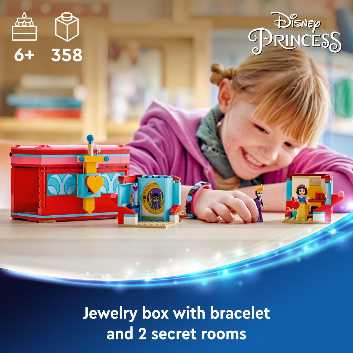 LEGO Disney Snow White jewelry box open lid showing hidden rooms and bracelet space.