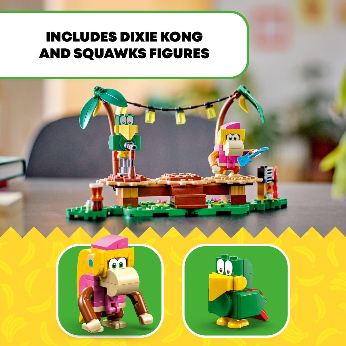 LEGO Dixie Kong’s Jungle Jam bongos and amplifier add rhythmic props.
