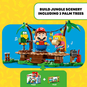 LEGO palm trees and jungle backdrop enhance imaginative adventures.
