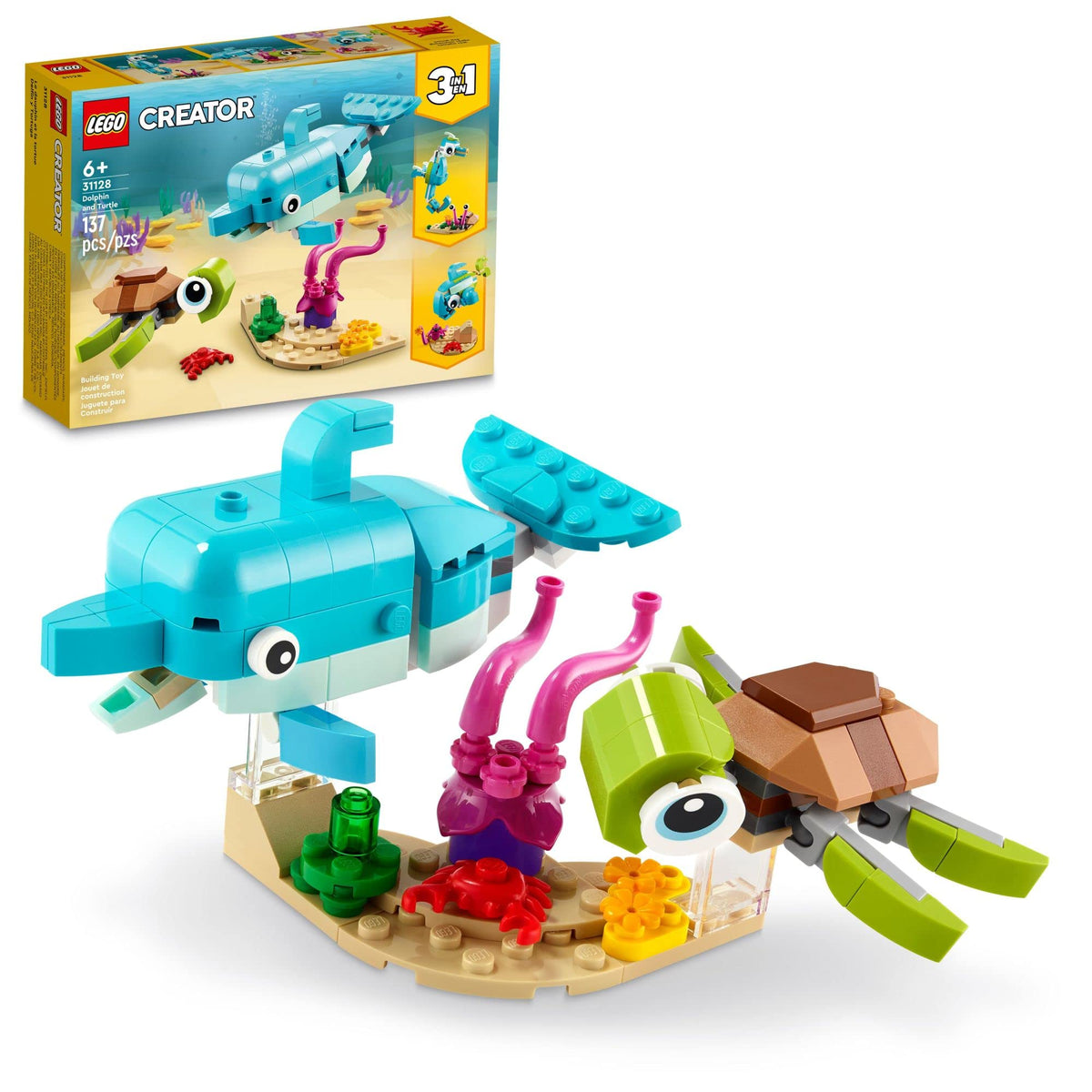 LEGO Creator 3in1 dolphin and turtle with display stand for easy display and play