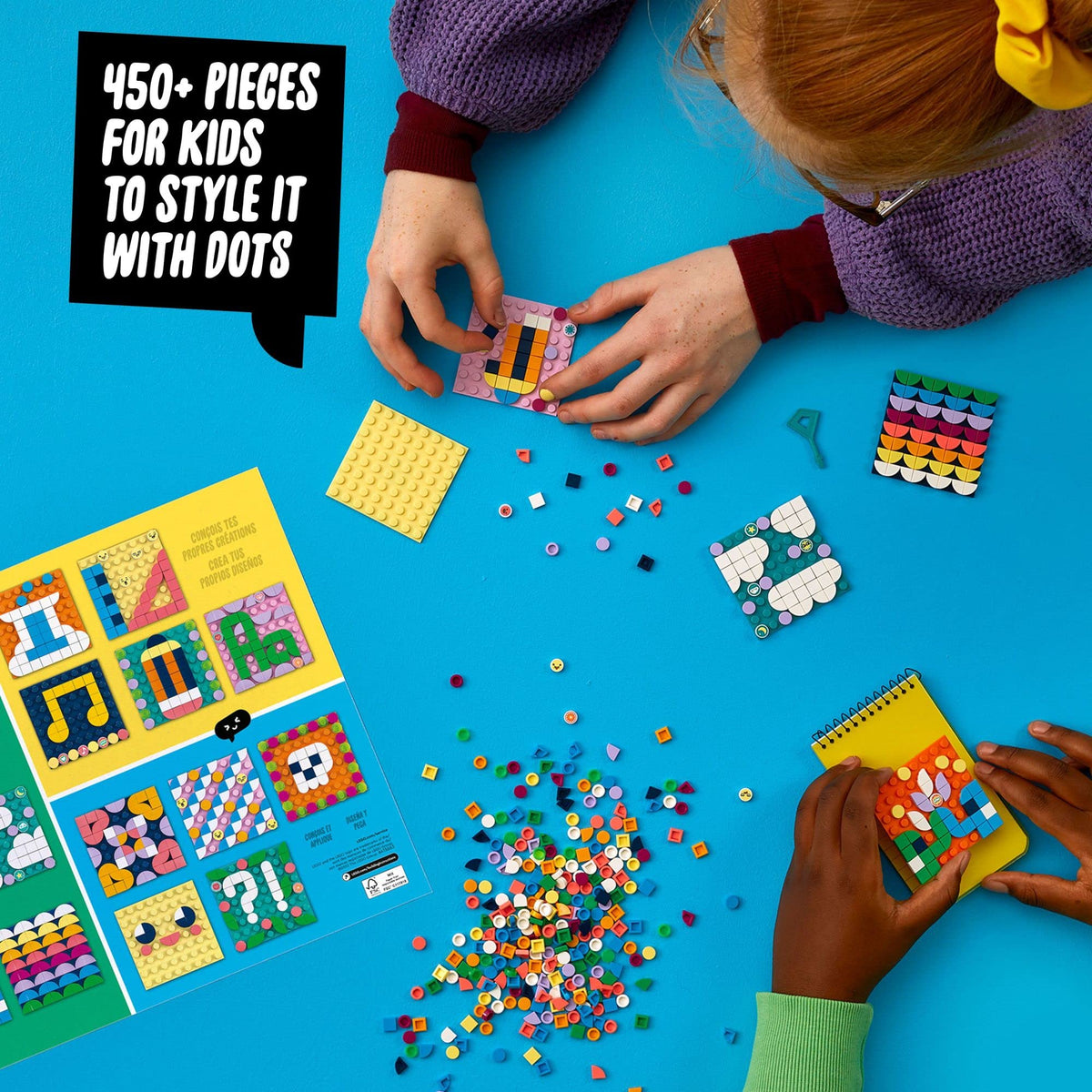 LEGO DOTS notebooks and phone cases decorated with unique mosaic patches.