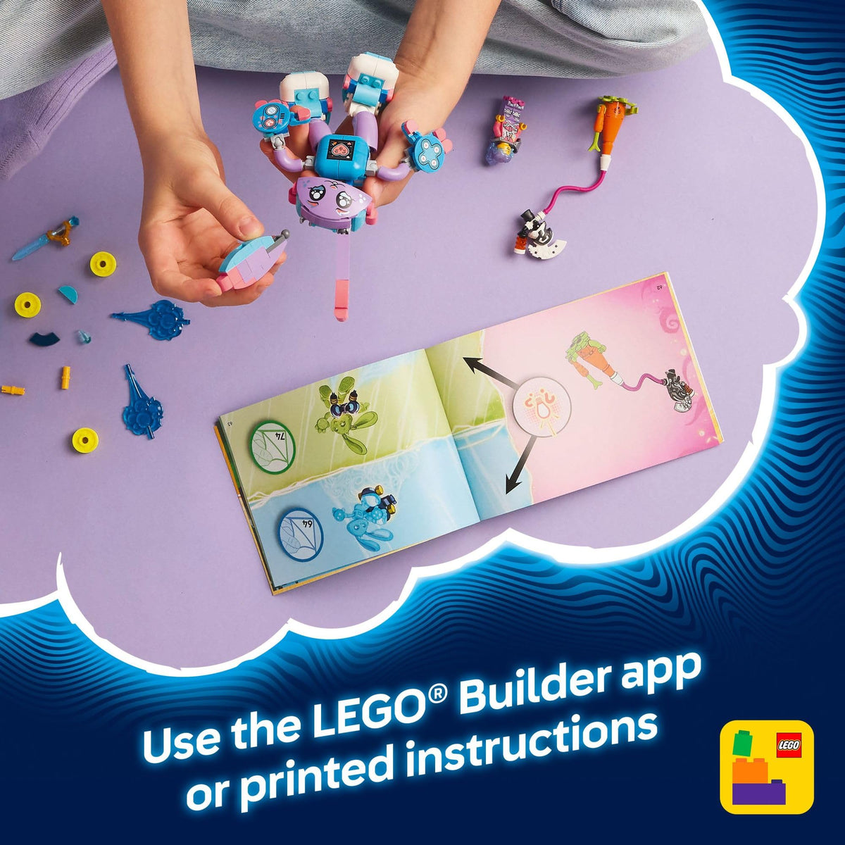 LEGO DREAMZzz Bunny figure posing stand enables stable display and storytelling.