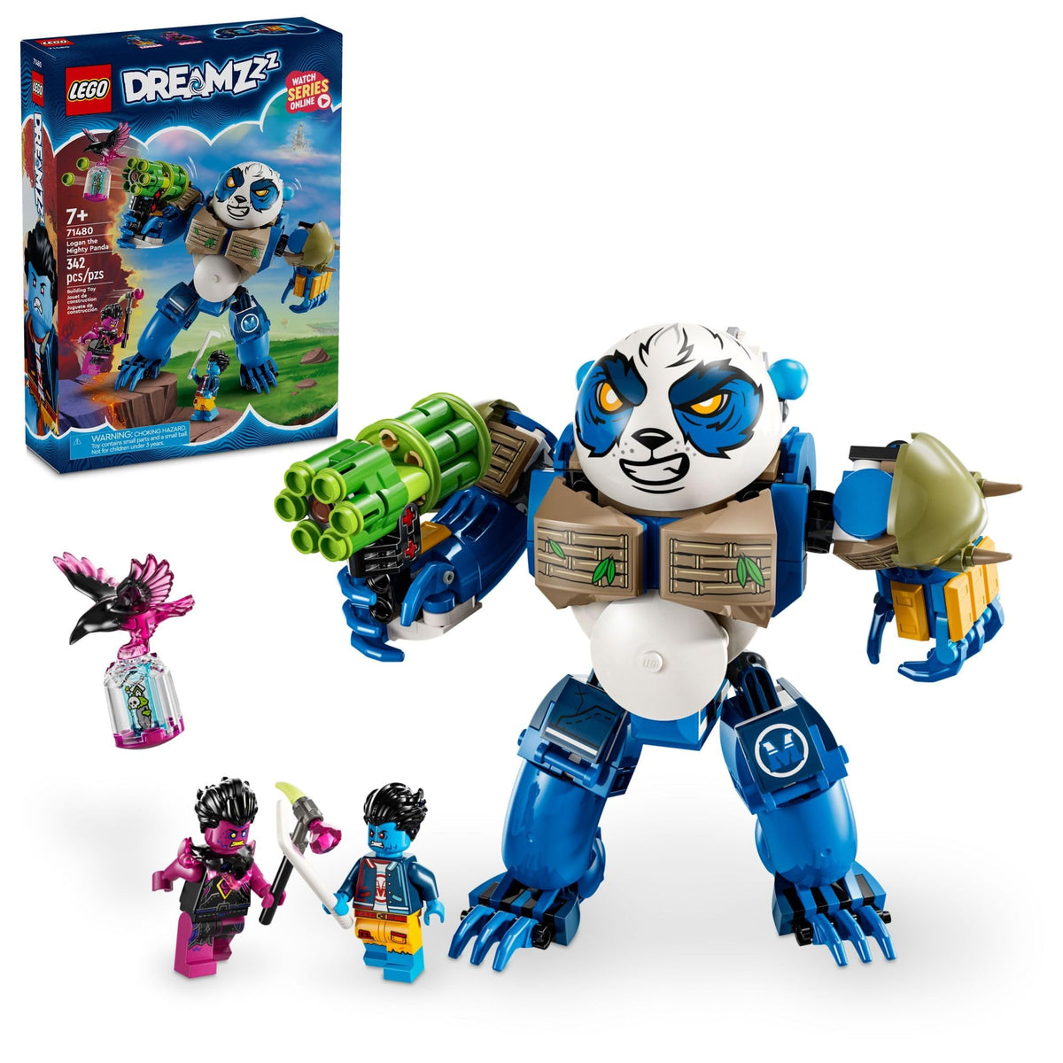 LEGO DREAMZzz Logan Mighty Panda set: vibrant rebuildable toy for creative storytelling.